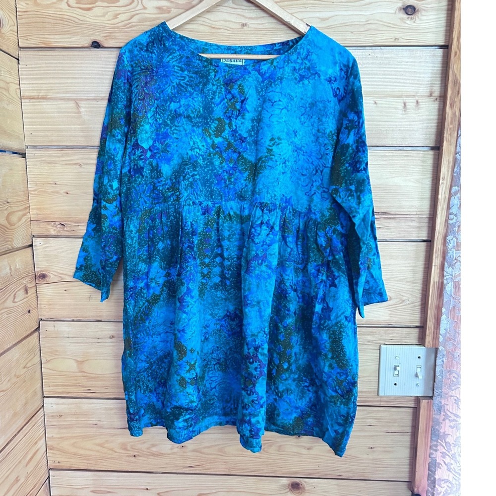Vintage Batik Tunic Blouse Womens Large Blue Green Empire Waist Pleated Impasia